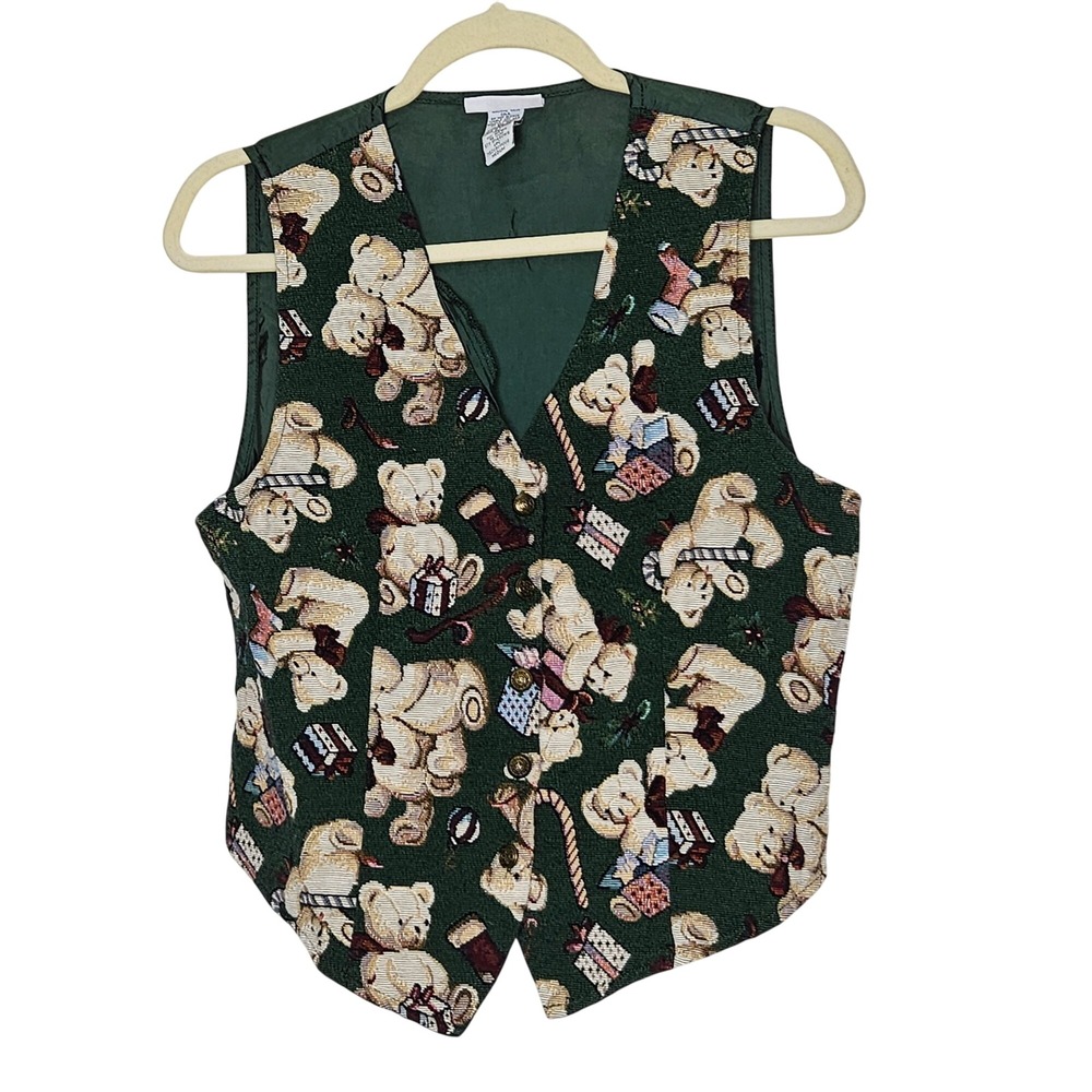 Vintage 80s 90s White‎ Stag Teddy Bear Green Vest Medium Christmas Holiday Toys